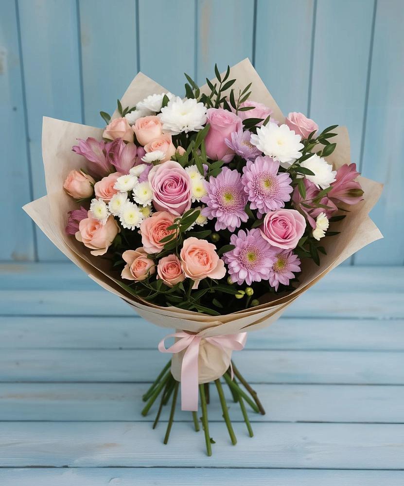 Букет цветов из: Хризантемы, Розы и Альстромерии в Камбарке