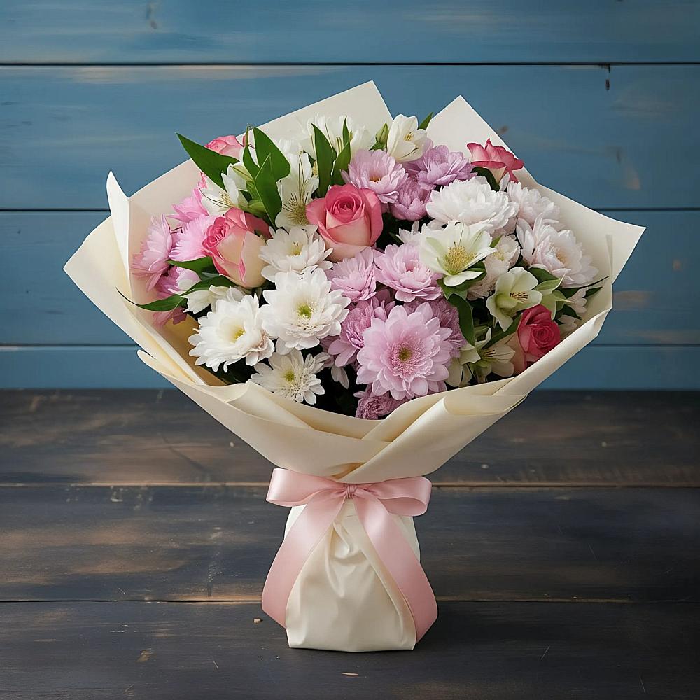 Букет цветов из: Хризантемы, Альстромерии и Розы в Камбарке